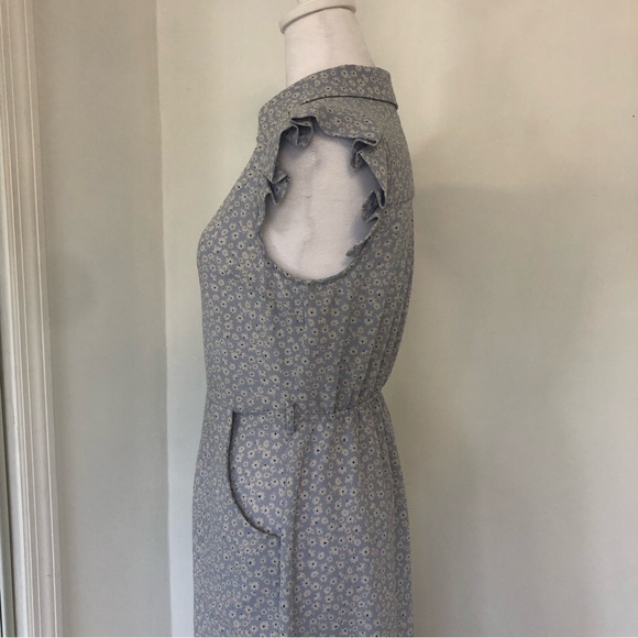 MONTEAU Women Blue/White Floral Print Cap Sleeve Button Up Midi Dress Sz M - Picture 5 of 14